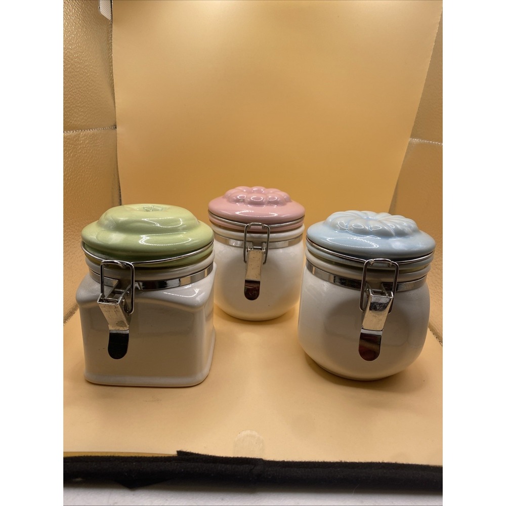 VTG Ceramic Canister Set Pastel Swirl Lids Clamp Top Mister Donut Style
